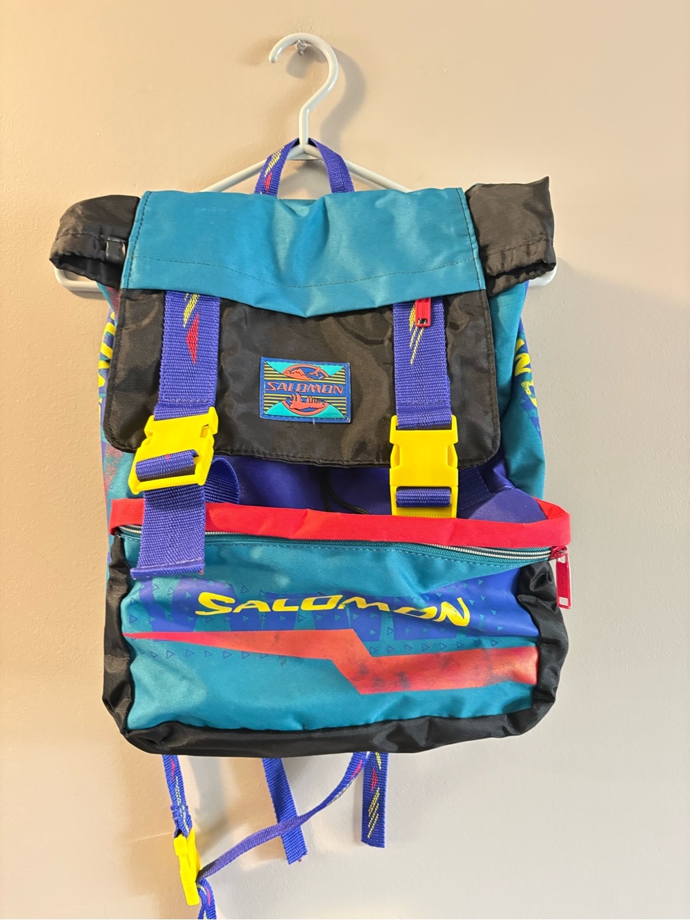 80s Salomon Men's Teal and Black Backpack with Yellow Accents